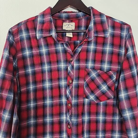 Blue Mountain Women’s 1X Flannel Shirt Red Blue White Plaid 100% Cotton EUC Plus - Picture 3 of 5
